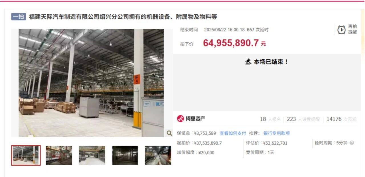 【天际汽车资产6495万元被拍出创始人张海亮已确认身在境外】天际汽车绍兴基地核心