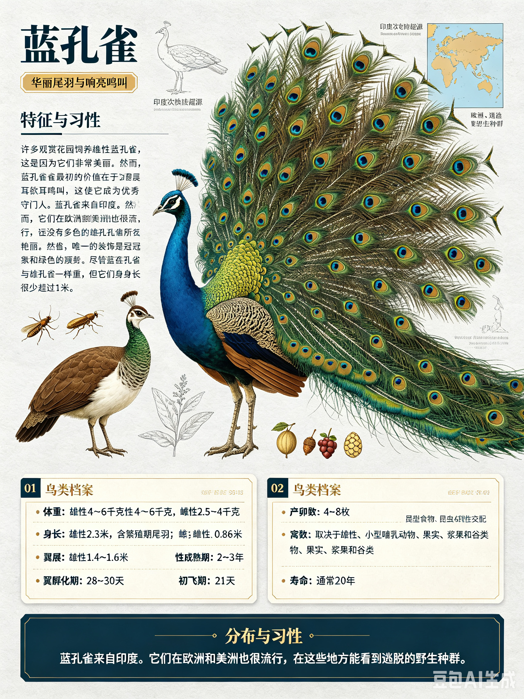 鸟类朋友图鉴 蓝孔雀许多观赏花园饲养雄性蓝孔雀，这是因为它们非常美丽。然而，蓝孔
