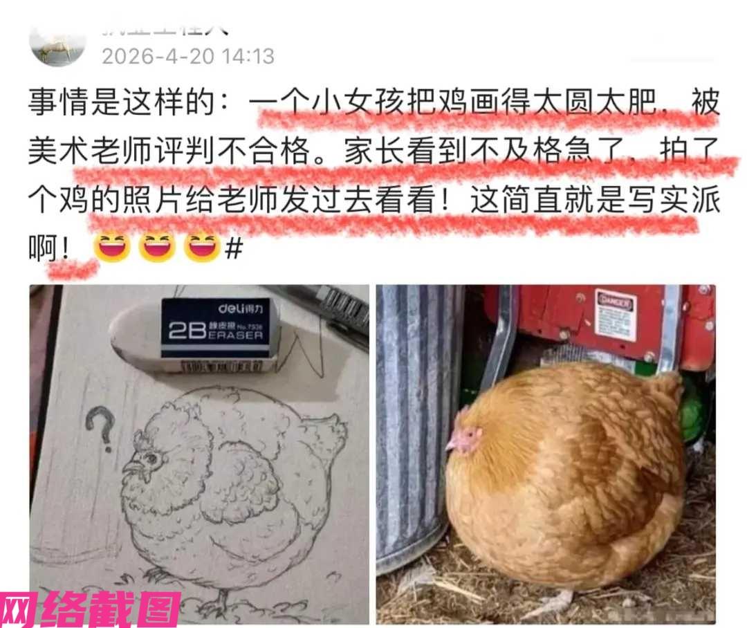 某个小女孩因把自己眼里的鸡，画得又圆又肥，这一幅画面让美术老师看得有些诧异，判为