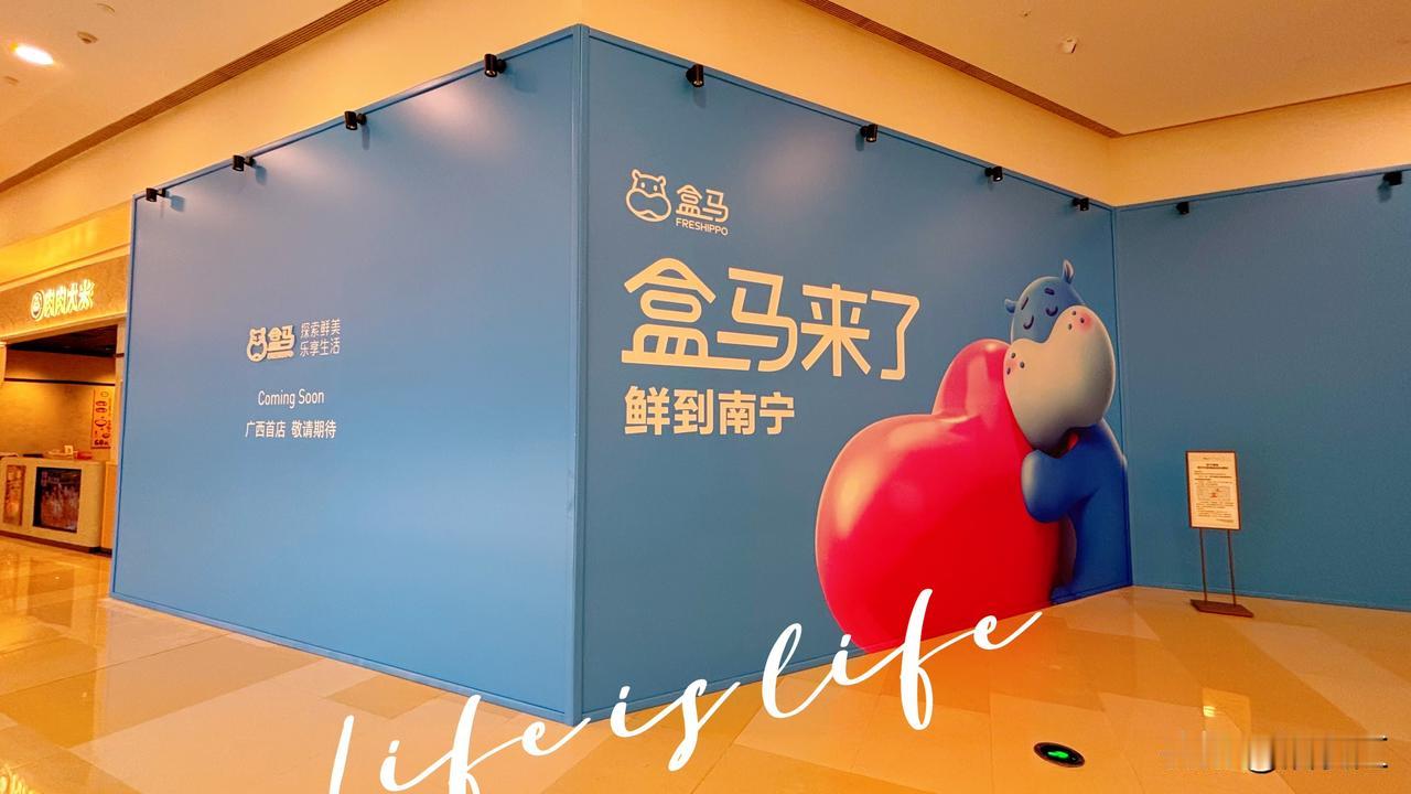 广西首家盒马它来了，看见南宁万象城商场b1 层有一处围挡挂盒马的牌子，上面也写着