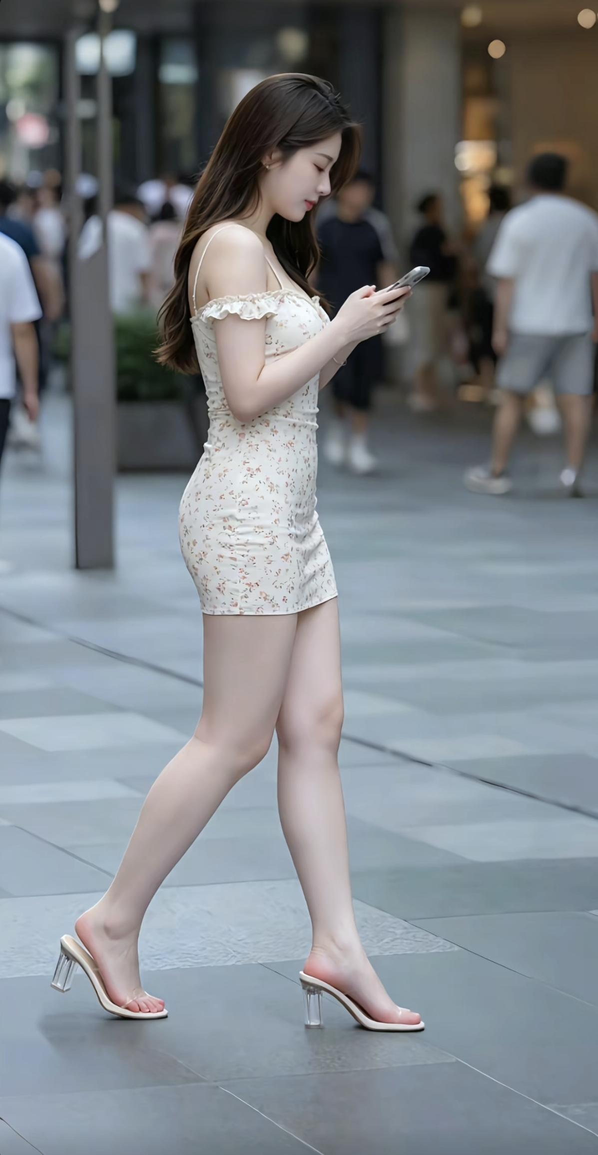 白衣佳人步轻移，手机通讯笑盈盈。