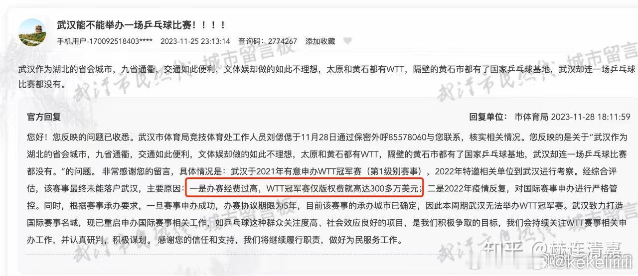 国际乒联调查组被疑是自查 从武汉市民提问：“能否武汉落地乒乓球”的官方答复中可知