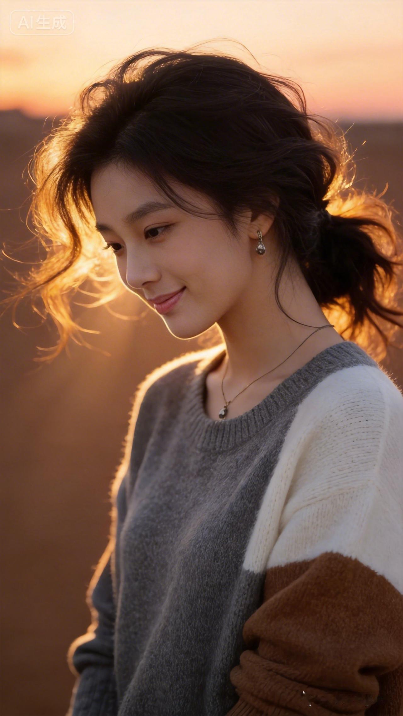 夕阳下的温柔微笑，暖意融融的少女时光。🌅💖