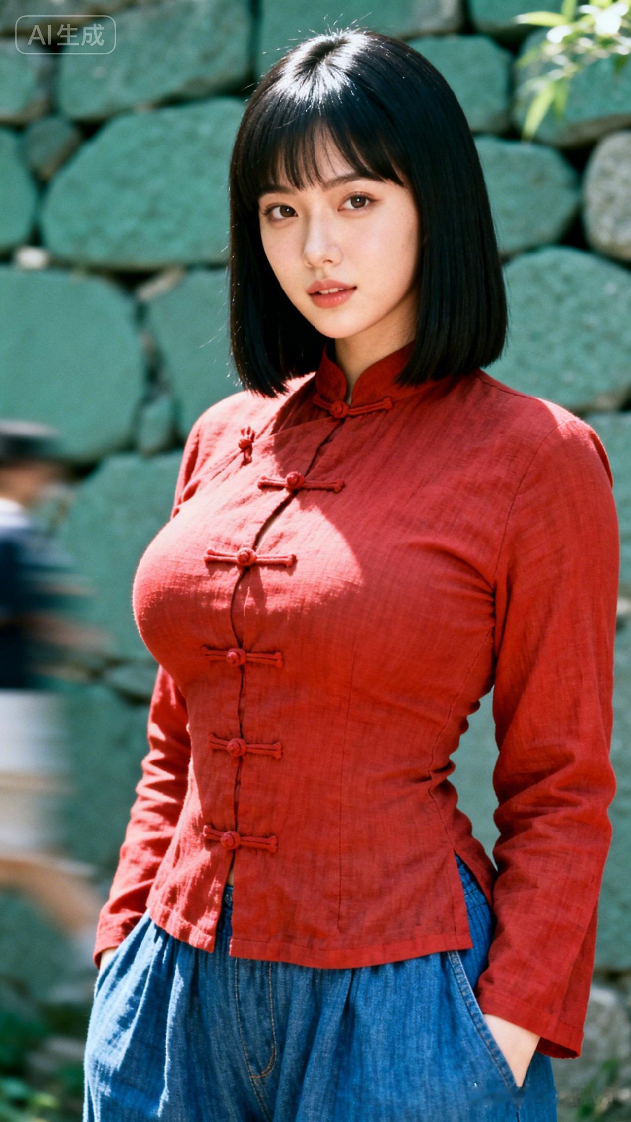 复古中国风，红衣少女，石墙背景，清新自然。