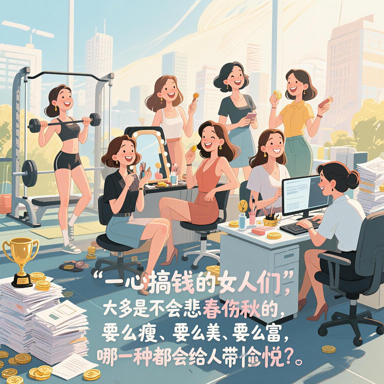 一心搞钱的女人们大多是不会悲春伤秋的要么瘦、要么美、要么富哪一种都会给人带来愉悦