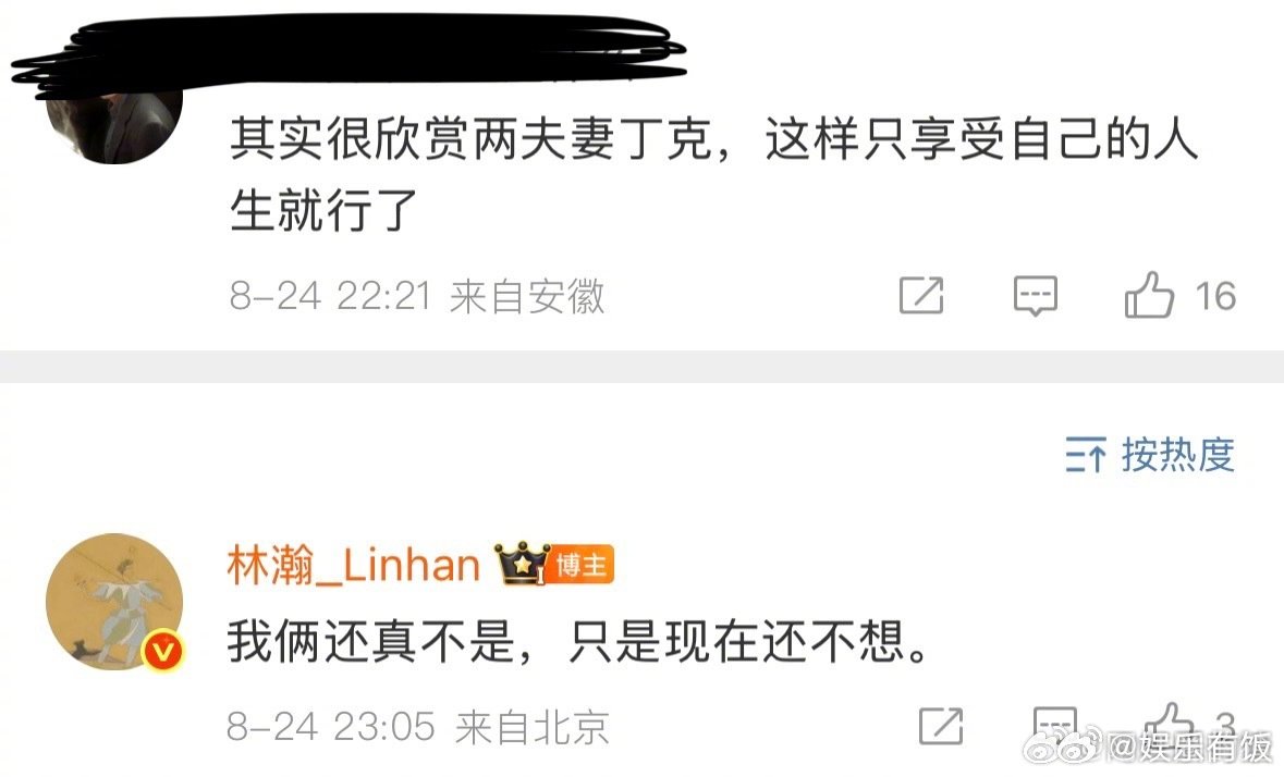林瀚否认丁克 晚晚老公否认丁克 网友评论晚晚老公 ：“其实很欣赏两夫妻丁克，这样