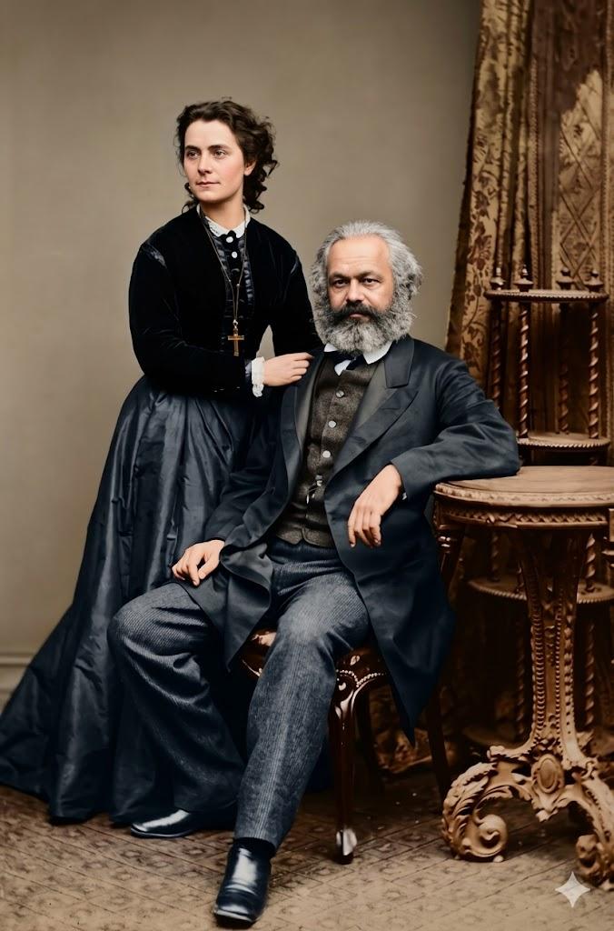 1869年，卡尔·马克思和长女珍妮的照相馆肖像。
端坐的马克思留着标志性大胡须，