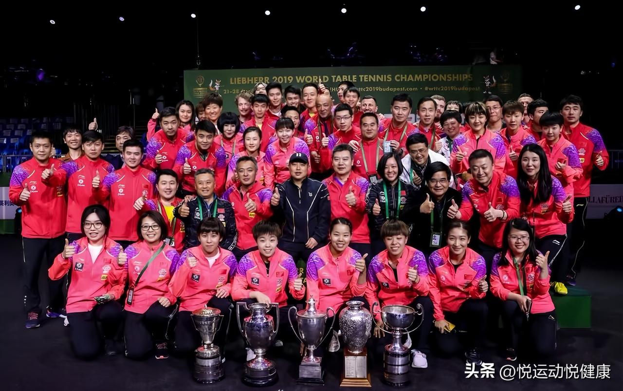 这张珍贵的照片拍摄于2019年布达佩斯世乒赛，那一届国乒气势如虹，包揽全部五项冠
