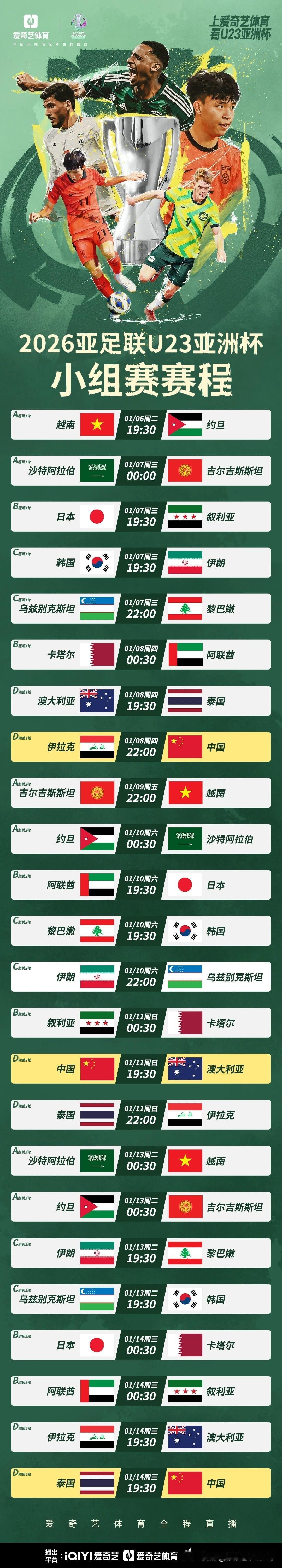 U23亚洲杯小组赛程