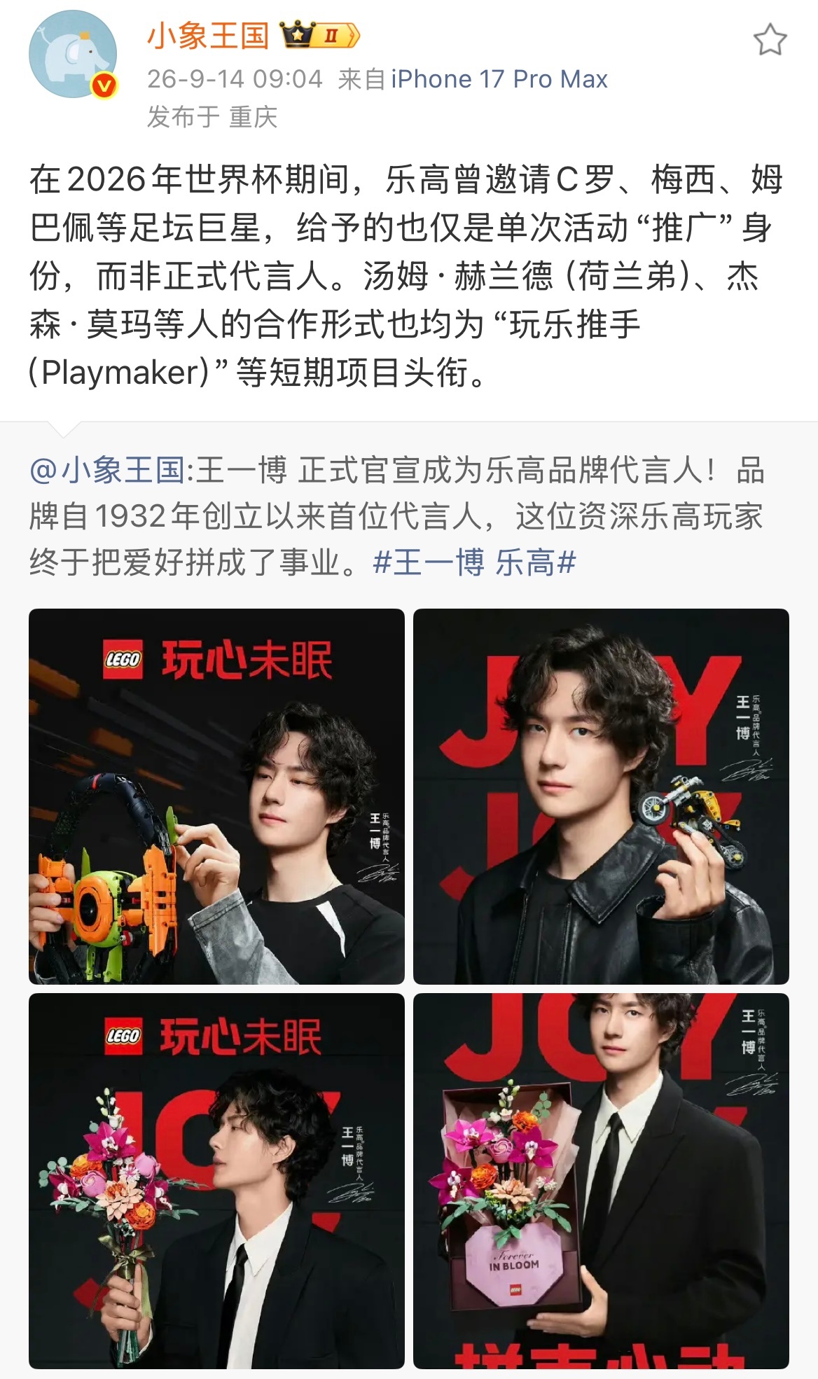 乐高品牌代言人王一博 首位且唯一一位[兔子] ​​​