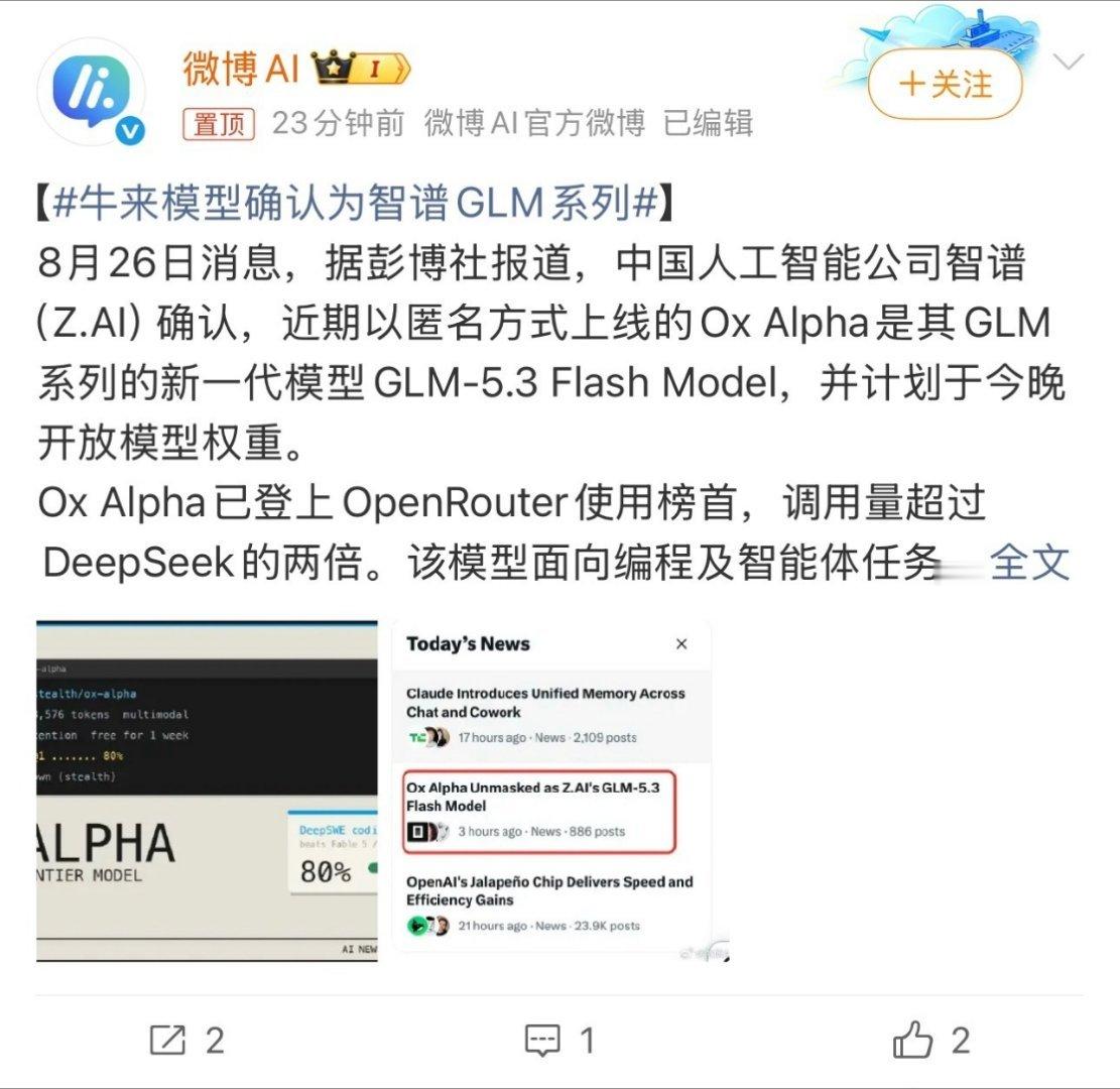 牛来模型确认为智谱GLM系列 之前匿名上线直接冲榜，调用量远超不少海外模型，编程