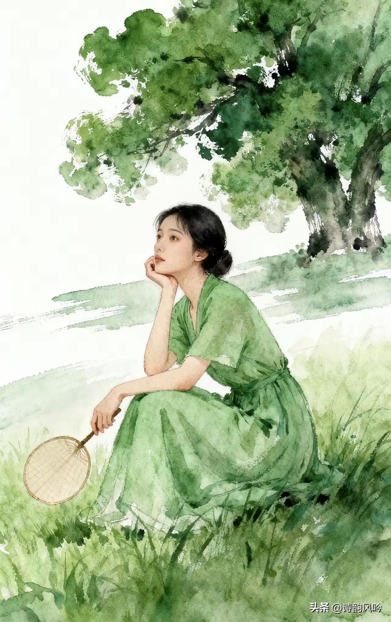 清江引·盼郎
佳人草坡独自傍，
蒲扇轻摇荡。
托腮望远方，
痴把天涯望，
只盼情