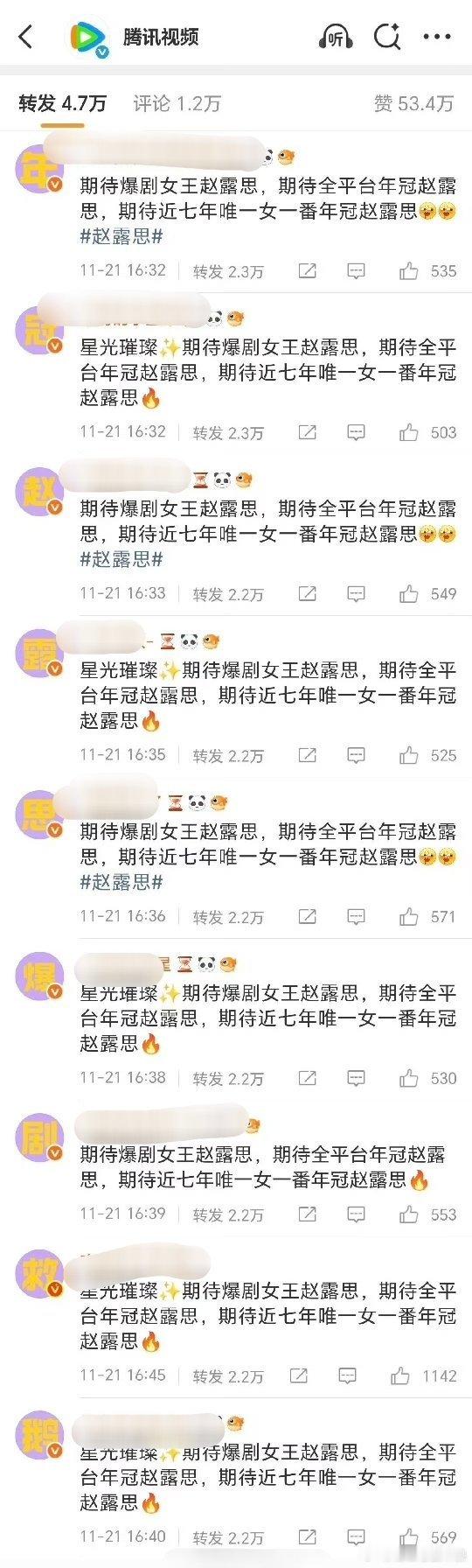 星光大赏转发都是赵露思，评论前排是鞠婧祎，是不是超期待两人的星光大赏