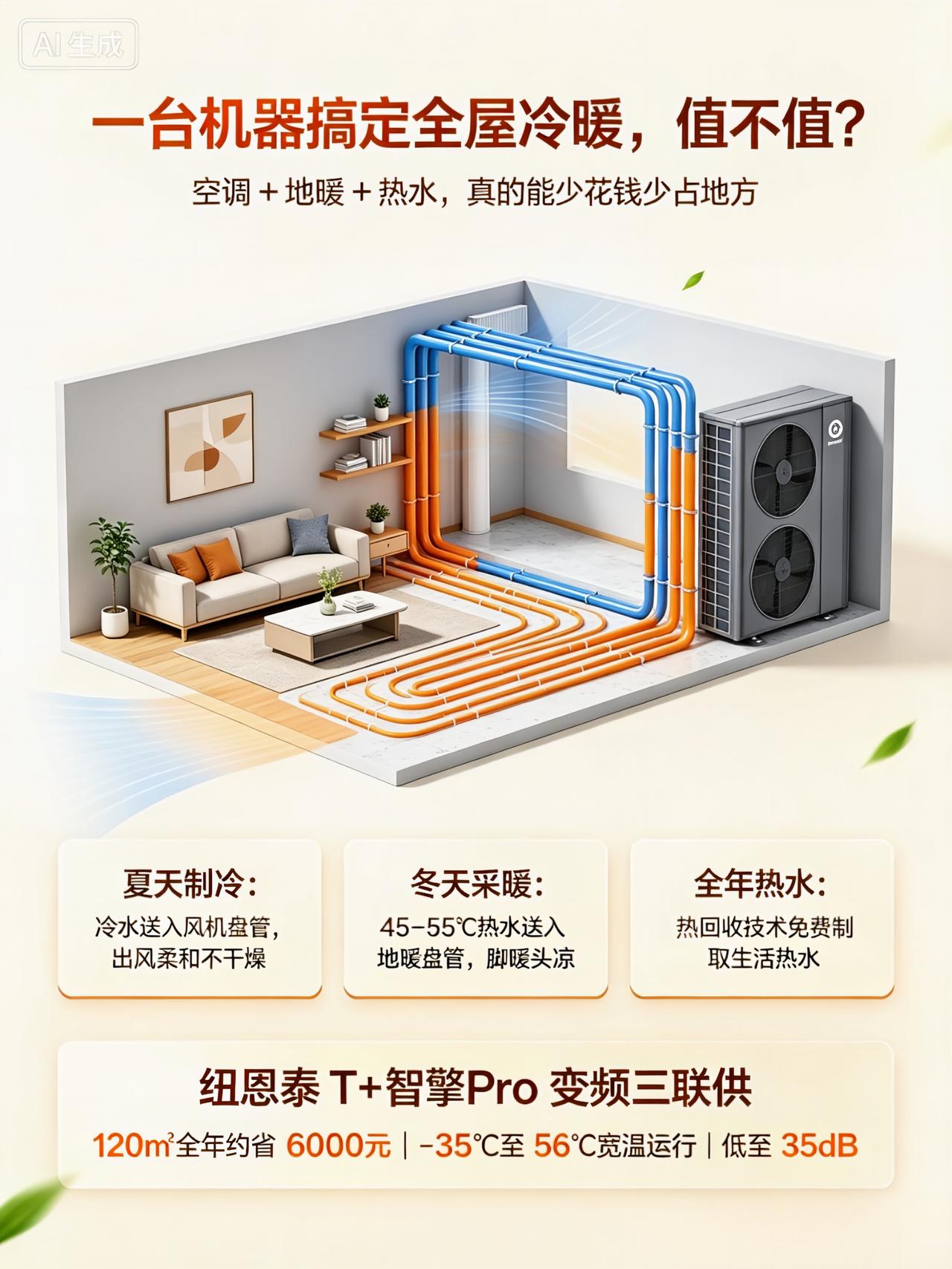 一台机器搞定全屋冷暖，空气能地暖空调一体机到底值不值？
装修到冷暖环节，很多人纠