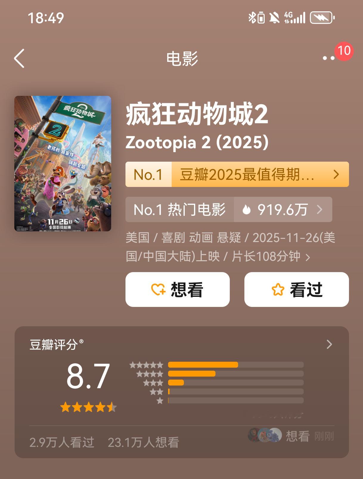 疯狂动物城2首批观众反馈震惊！上映一天豆瓣就开分了！而且已经2.5万人打分8.7