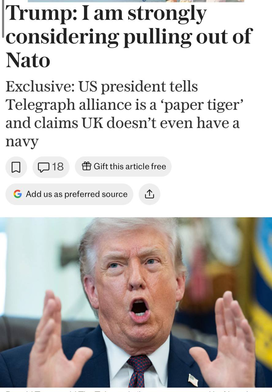 特朗普告诉媒体，美国退出北约“已成定局”，他正在认真考虑让美国退出北约组织。亮点