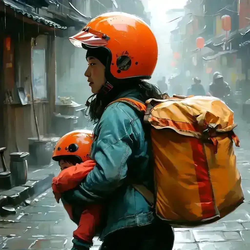 一个女子背着孩子送外卖，男子看到后就问她为什么这么晚还出来送外卖，你老公呢？没想