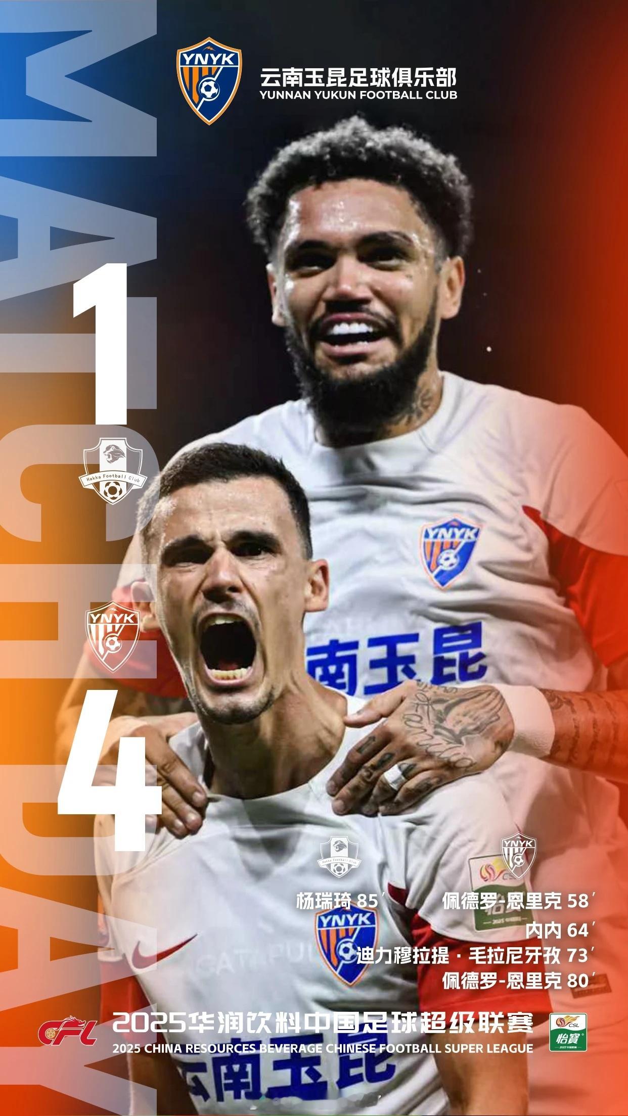梅州客家1比4云南玉昆2025赛季中超联赛第28轮，云南玉昆客场4-1战胜梅州客