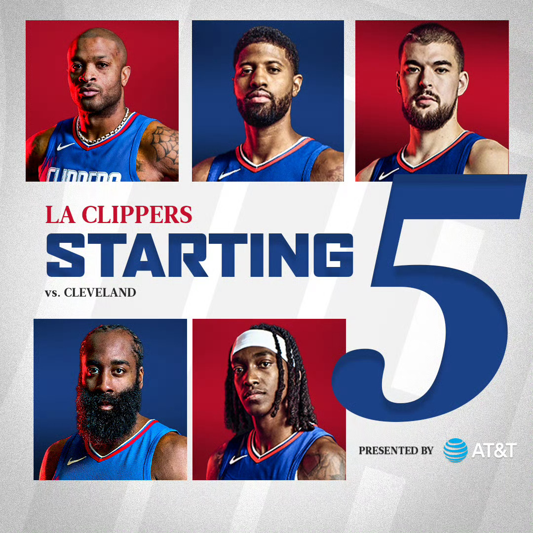 今日快船对阵骑士首发：哈登、曼恩、乔治、塔克、祖巴茨。#快船vs骑士# ​​​