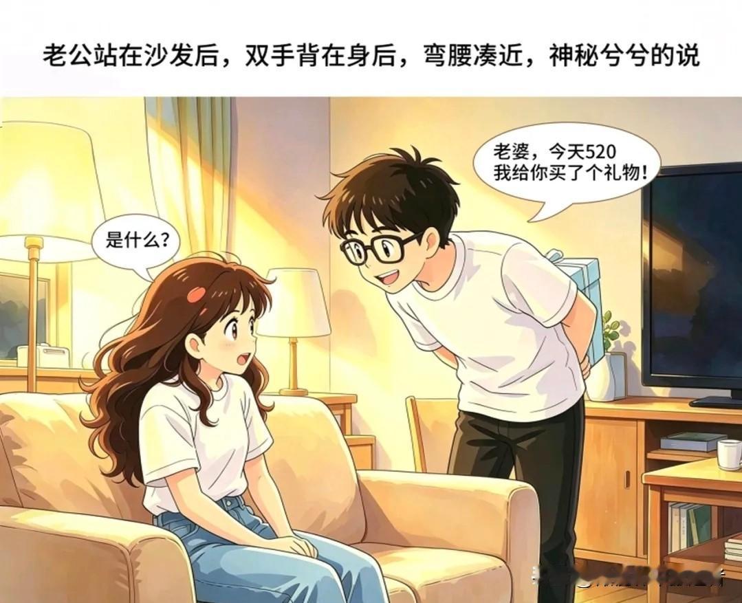 趣味漫画: 老公：老婆，今天520，有礼物哦！老婆：拿来吧你！老公：是不是很不错