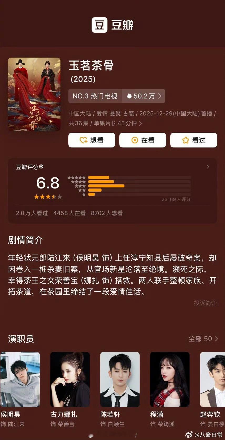 侯明昊、娜扎《玉茗茶骨》豆瓣开分6.8分，高了低了 