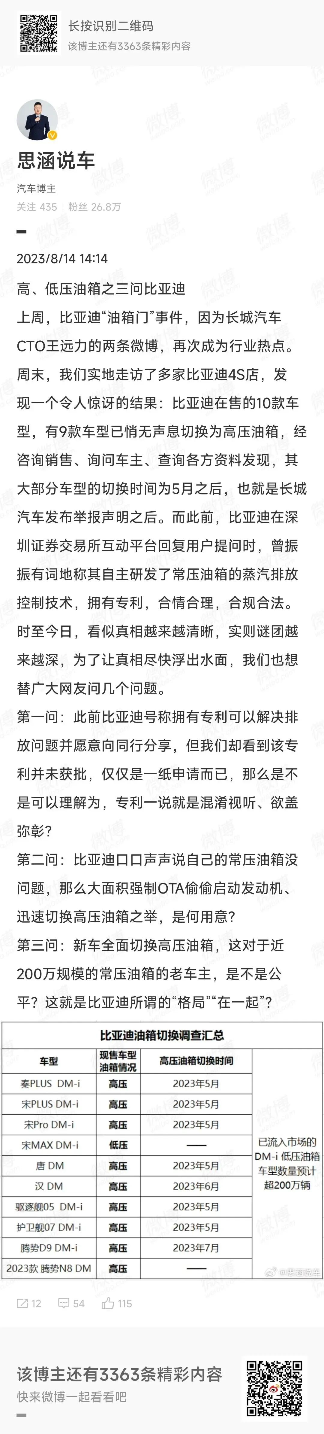 比亚迪的大部分车型已经更换为高压油箱；
我倒是觉得长城汽车没做错什么。长城汽车也