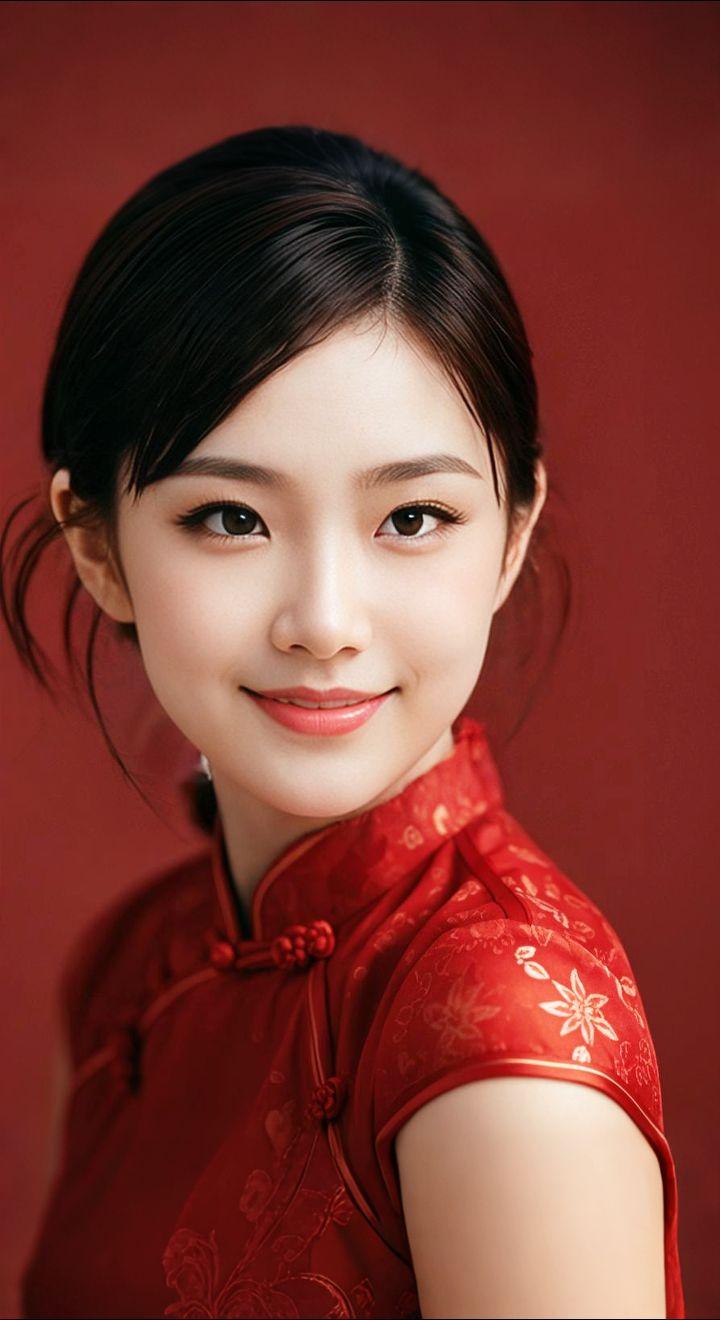 AI扩图 AI红裙浅笑