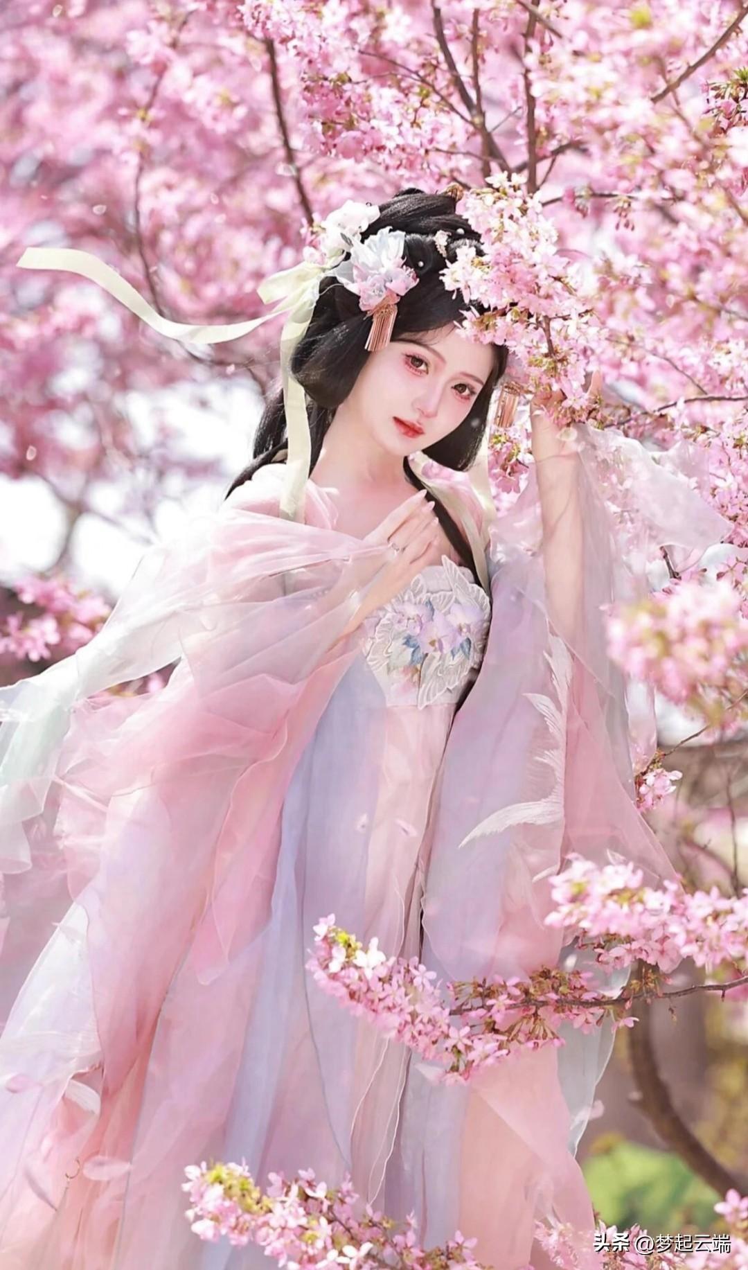 樱花树下，仙气飘飘的汉服少女，美如画卷。
