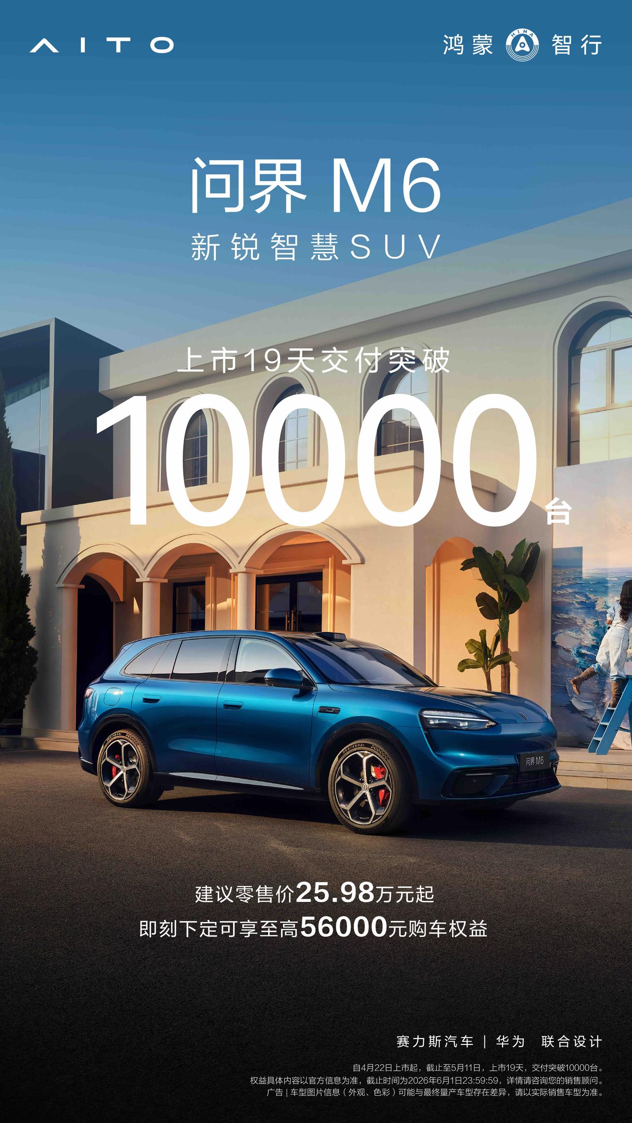 截止至5月11日，新锐智慧SUV问界M6上市仅19天，累计交付量已突破10000