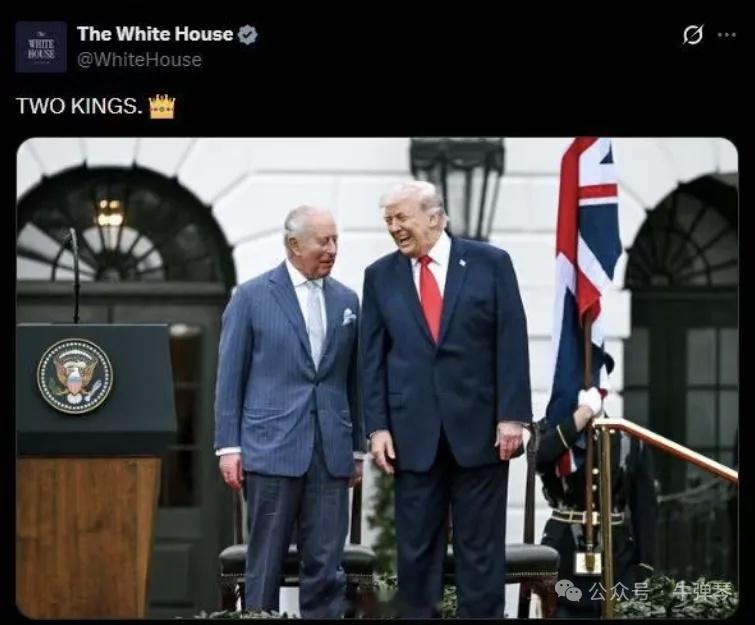 在美国独立250年之后，白宫向外宣称迎来了两个国王:查尔斯三世和特朗普英国国王打