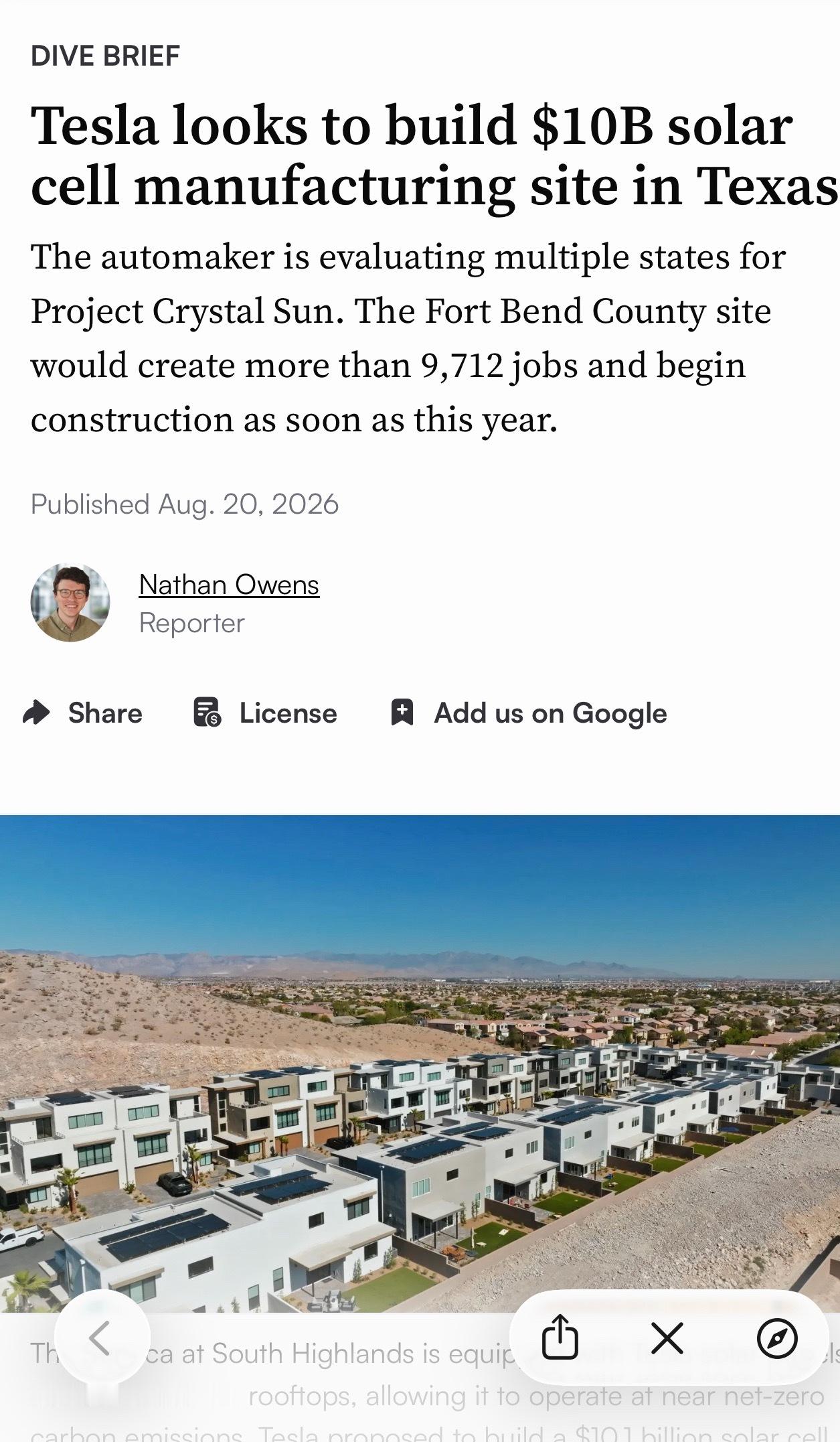 【美国新能源制造】Tesla拟投资101亿美元建设太阳能电池制造基地，项目规模远