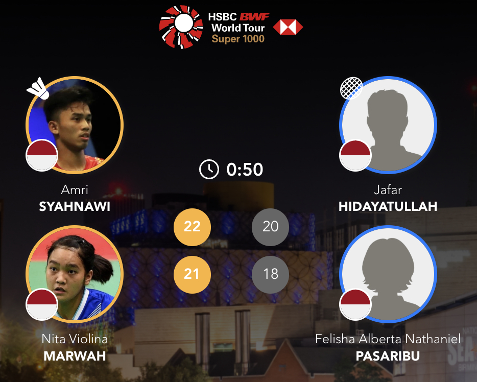 西亚纳维/马尔瓦🇮🇩 22-20、21-18 🇮🇩希达亚图拉/费利沙下轮