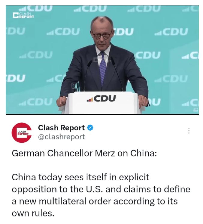 北京时间2月20日晚，德国总理默茨发表讲话。说到中国时，他公然说些傲慢又有偏见的