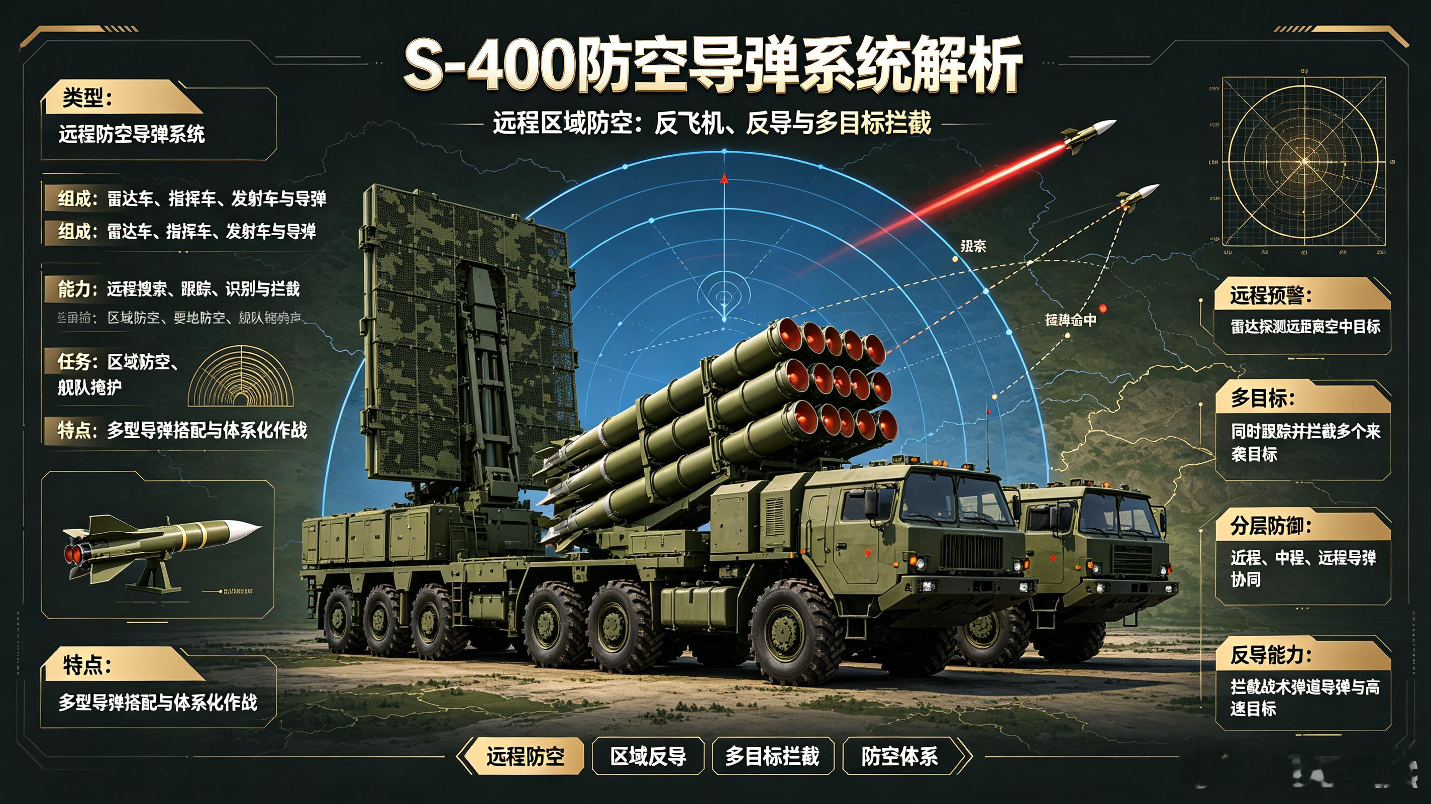 S-400是俄制远程防空导弹系统，主要用于构建区域防空屏障，拦截敌方战机、直升机