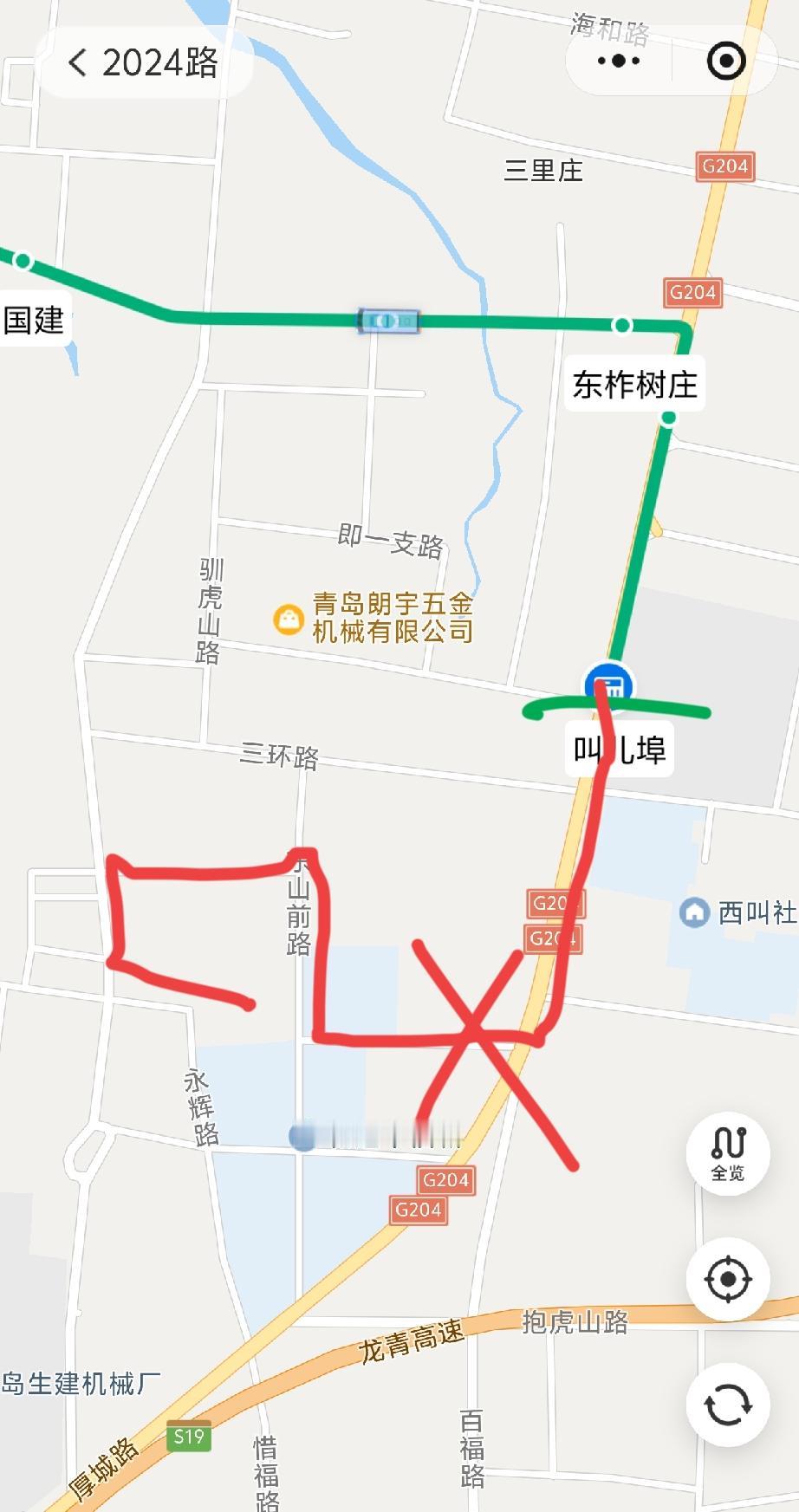 因即墨区环秀街道东山前村管道施工，公交车无法通行！即墨永昌公交2024路暂时将下