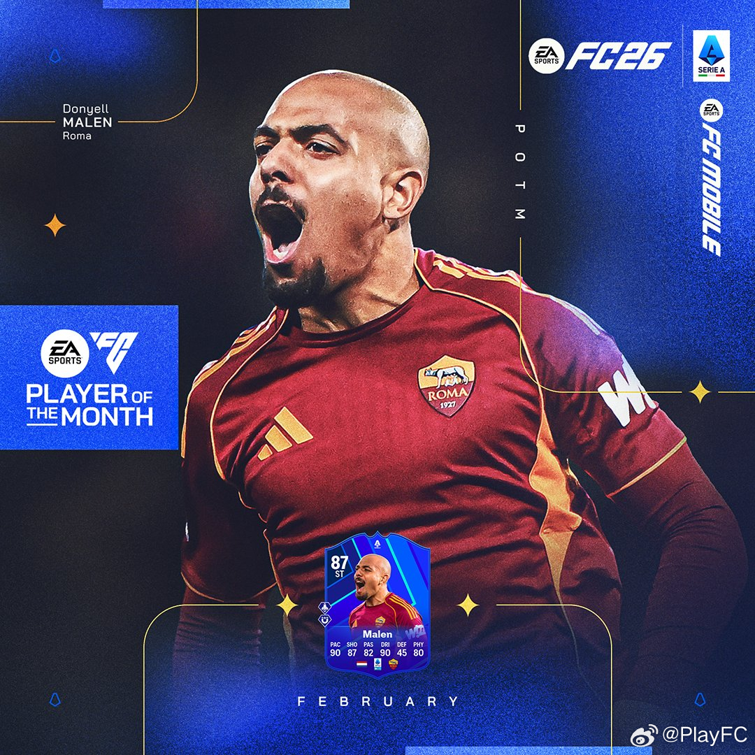 意甲联赛二月最佳球员公布。马伦获选。FC26