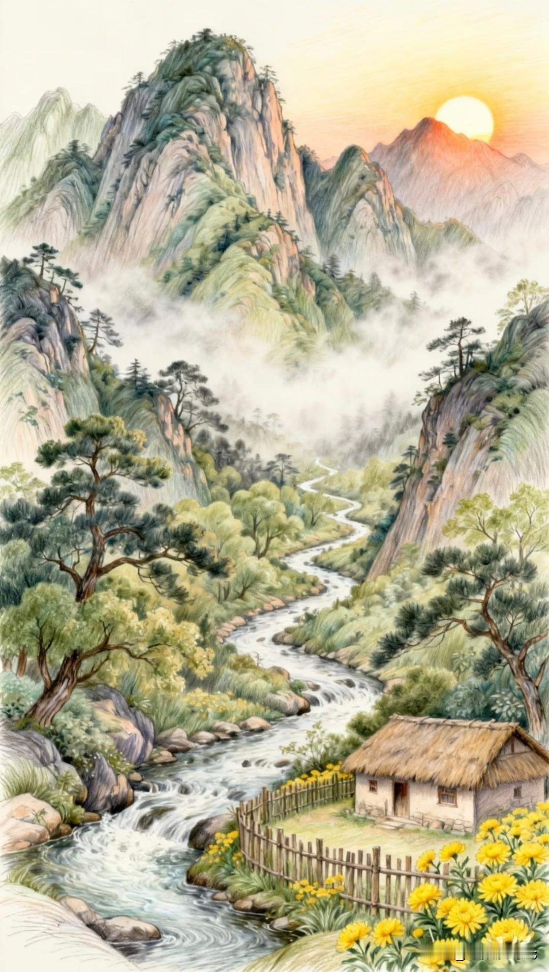 采菊东篱下，悠然见南山，此间闲适莫过于此。

轻拈一朵秋菊，淡香萦绕指尖；抬眼望