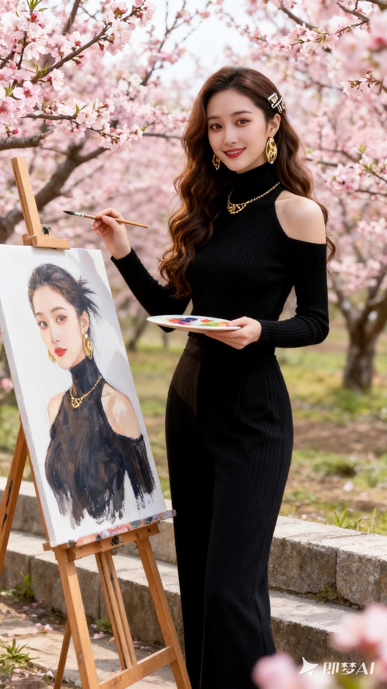 樱花树下，优雅画家，创作中的美好时光