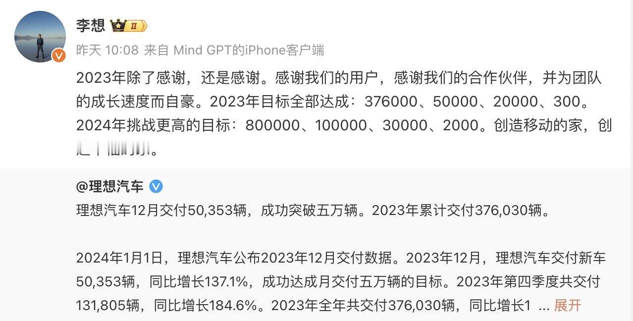 真不是“口嗨”吗？理想挑战2024年销量80万辆
日前理想汽车CEO李想在社交平