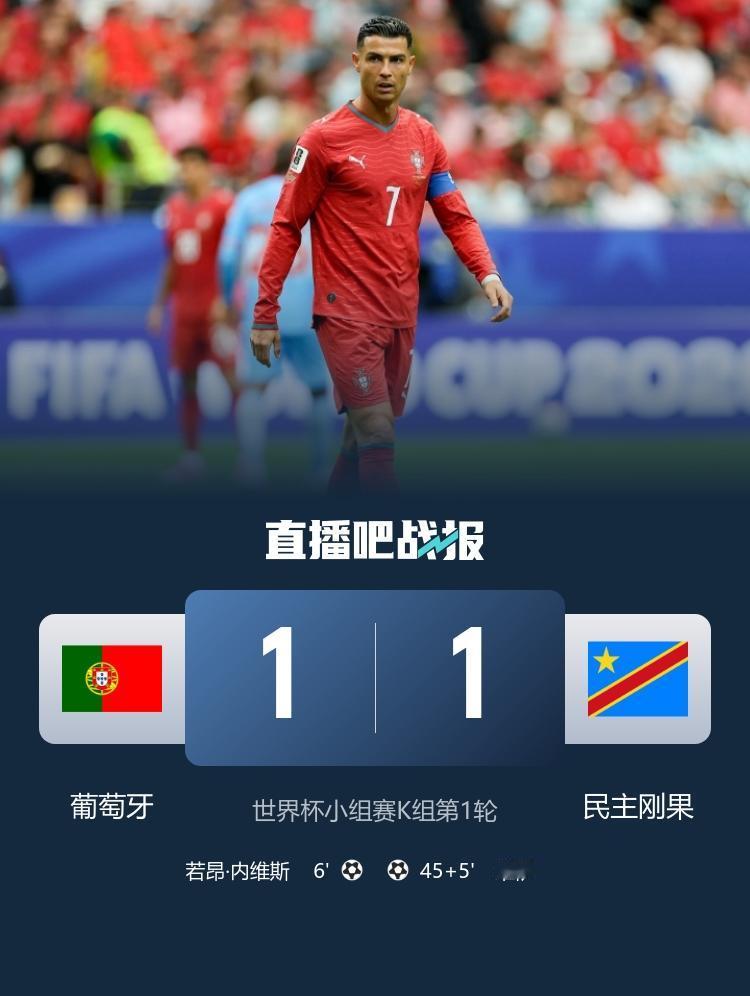 世界杯-葡萄牙1-1民主刚果 内维斯头球建功，维萨扳平比分
6月18日凌晨1:0
