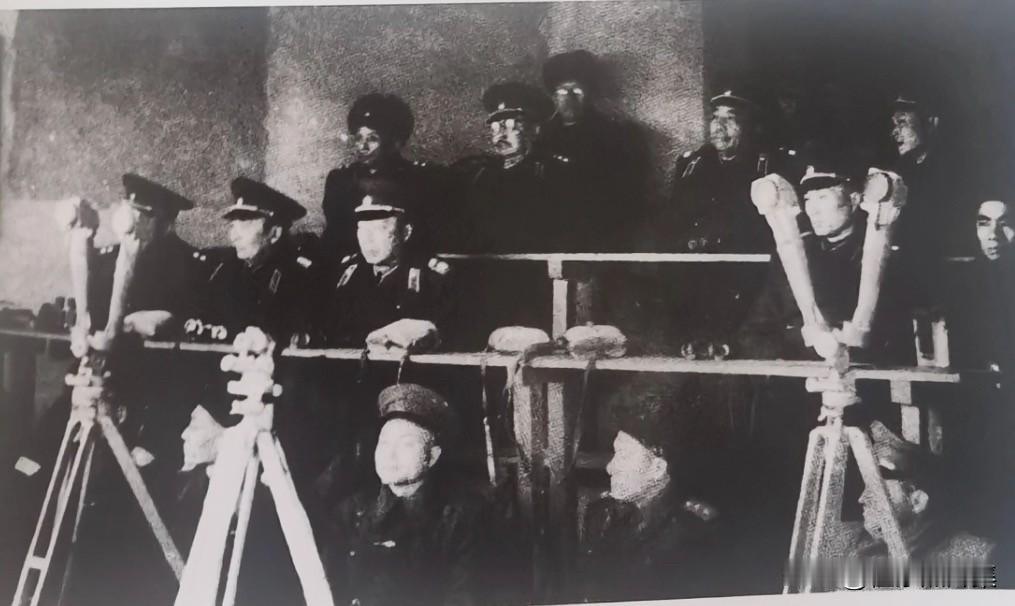 1955年11月17日，沈阳军区参谋长吴信泉陪同军委首长在高级炮校观看以枪代炮射