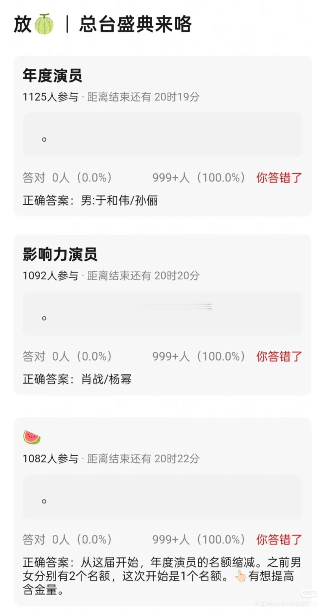 🍉🍉今年CMG总台盛典获奖演员年度演员：于和伟，孙俪影响力演员：肖战，杨幂 