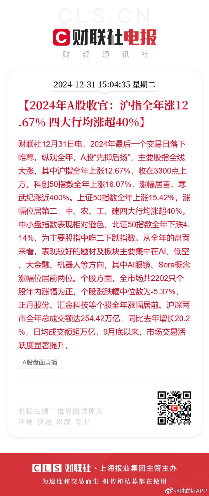 四大行2024年均涨超40%  A股2024年收红 【2024年A股收官：沪指全