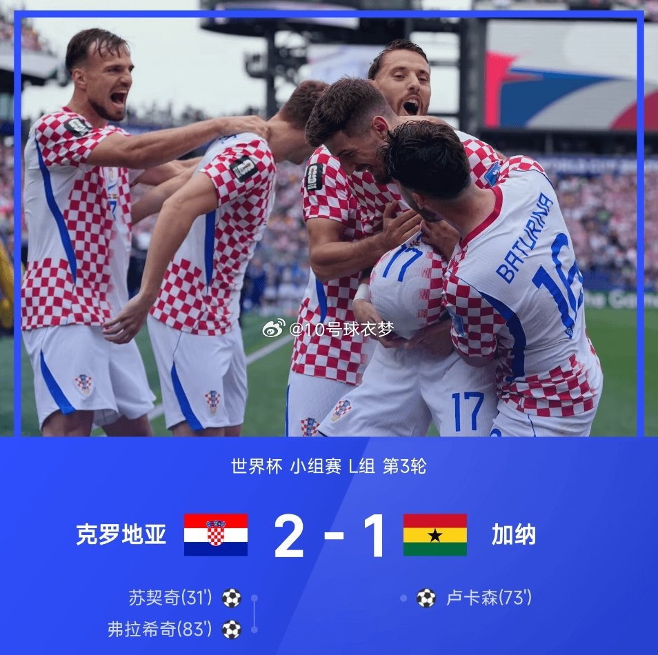 6月28日讯 世界杯L组末轮，克罗地亚2-1击败加纳。上半场苏契奇远距离贴地斩破