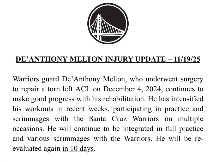 梅尔顿自左膝前十字韧带修复手术以来，恢复进展良好。近期与圣克鲁兹勇士参加训练与对