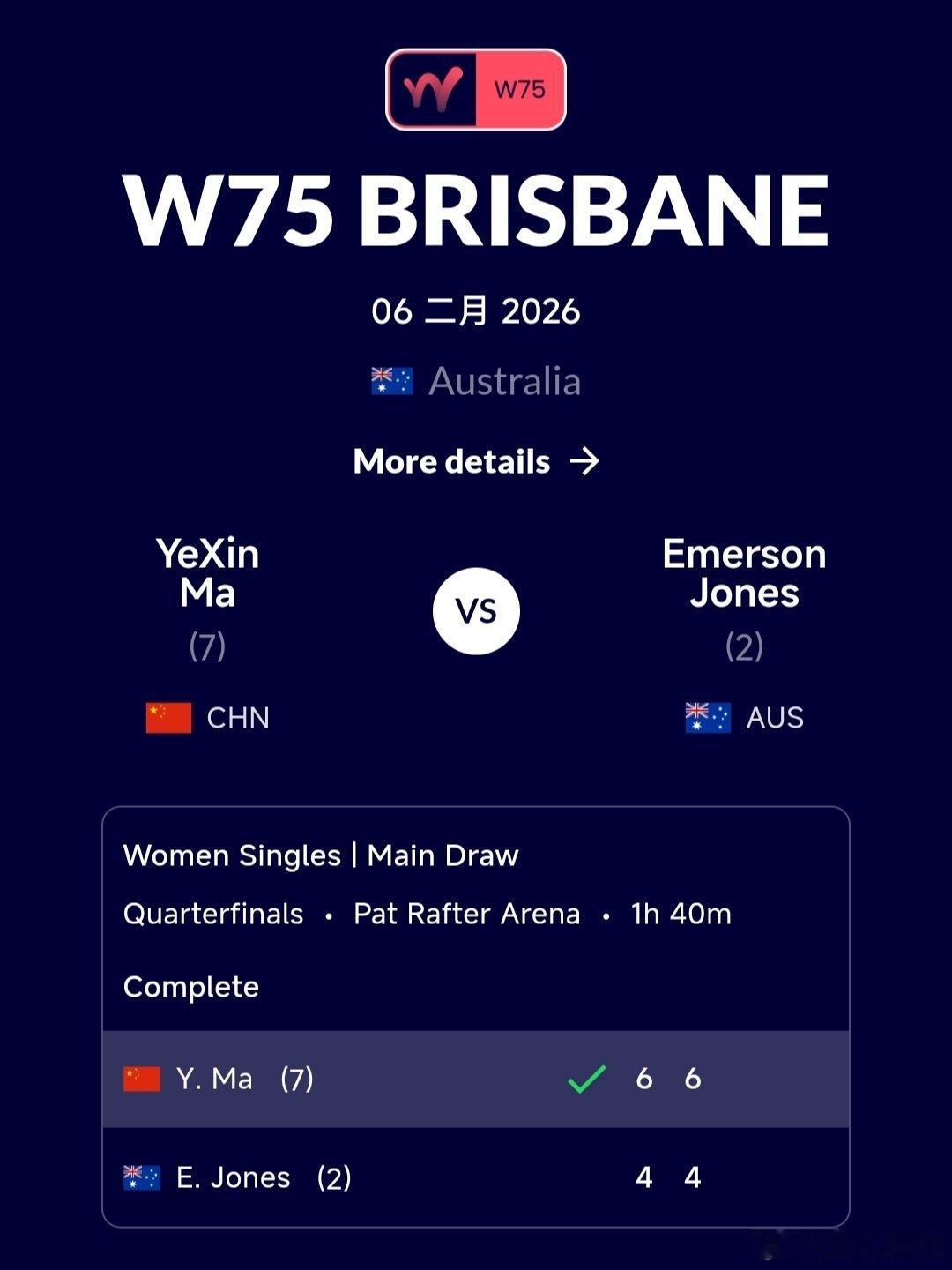 W75布里斯班站🇦🇺女单第8进4朱琳🇨🇳6-3/6-0战胜斋藤笑良🇯?