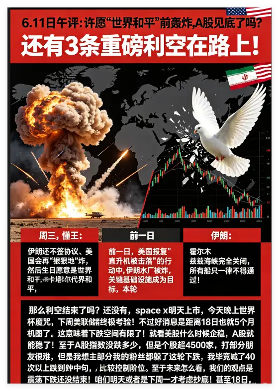 许愿"世界和平"前轰炸,A股见底了吗?还有3条重磅利空在路上！周三，懂王：伊朗还