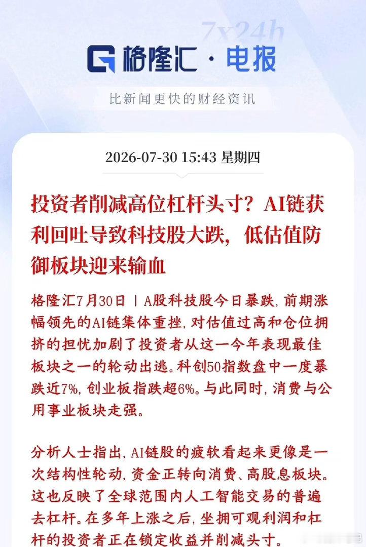 大跌根源清晰，市场迎来结构性轮动！全球同步AI资产去杠杆，高位科技资金集中止盈降