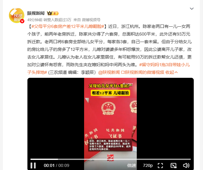 父母平分6套房产差12平米儿媳翻脸 浙江杭州陈家老两口拆迁分得6套房和93万拆迁