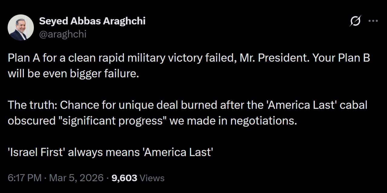 伊朗外交部长阿巴斯·阿拉格奇：总统先生，快速军事胜利的A计划失败了。您的B计划将